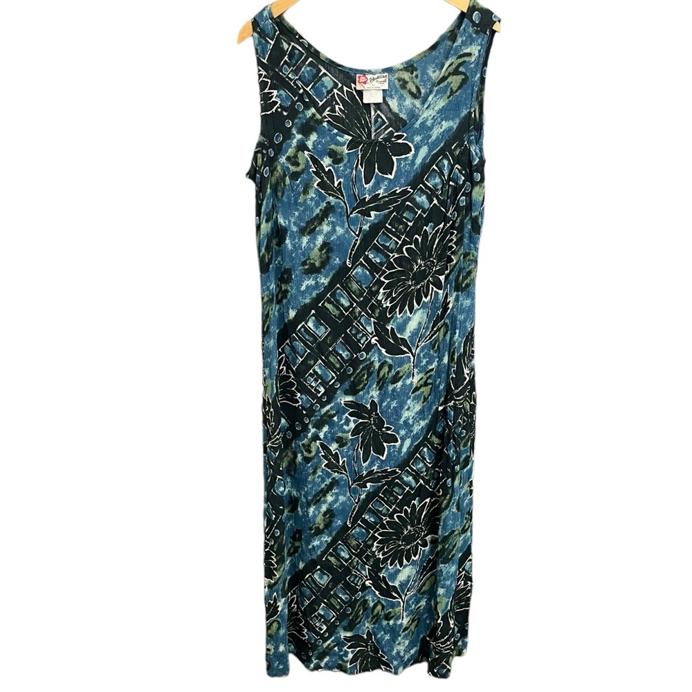 Hilo Hattie Hawaiian Original Vintage Rayon Maxi Dress Tropical Floral Blue XL